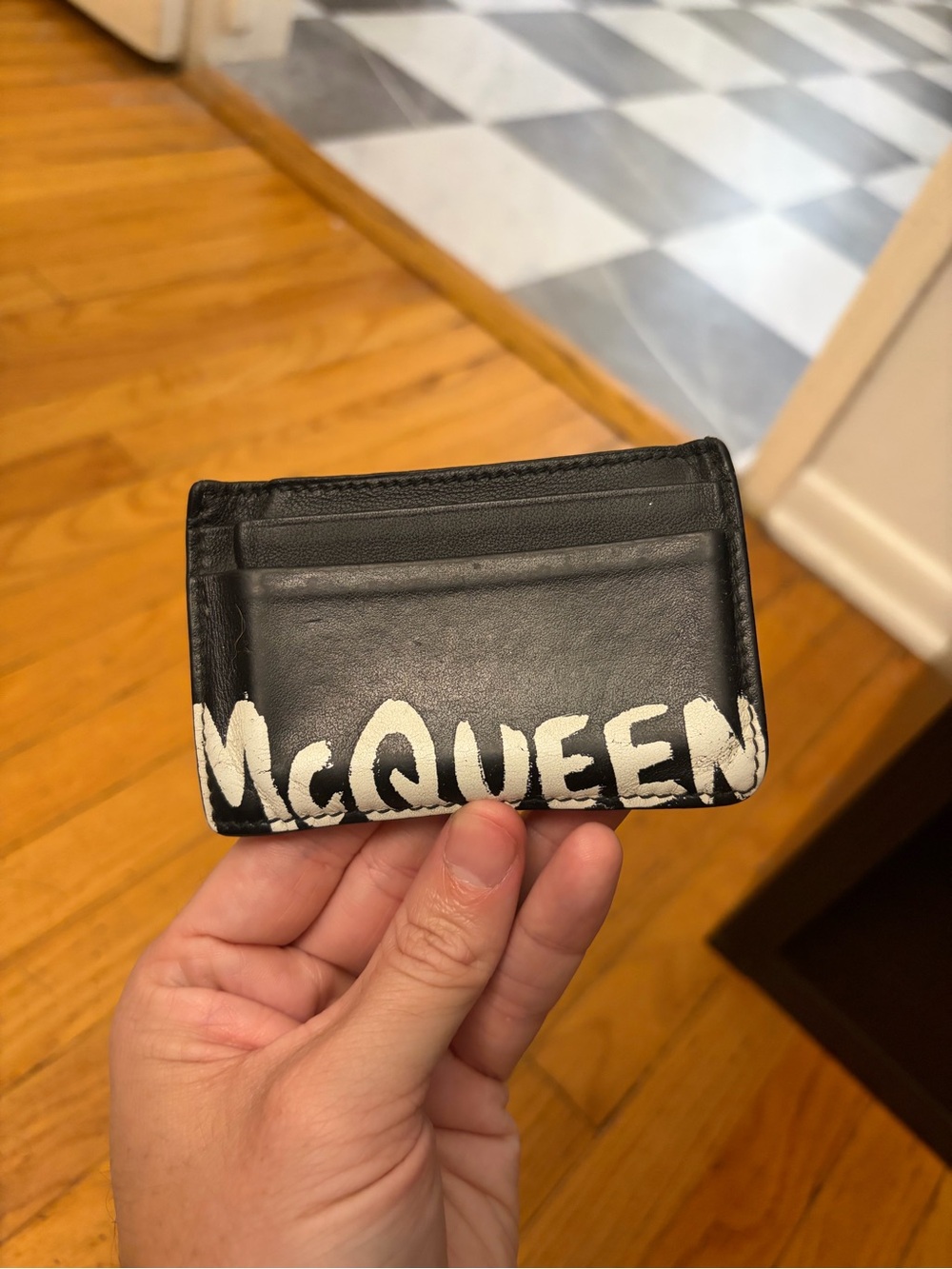 Alexander McQueen Black Leather Card & Key Holder with White McQueen Script